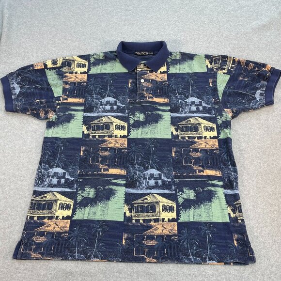 Nautica Men's Polo Shirt XL Golf Vacation Tropical Cotton All Over Print VTG - Picture 1 of 11